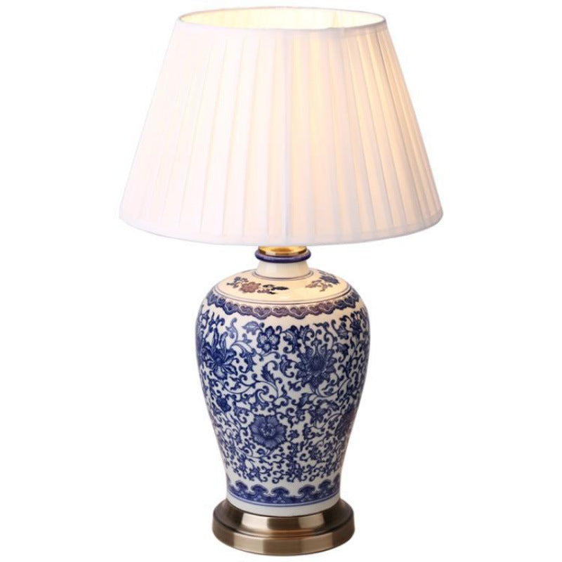 Traditional Chinese Ceramic Fabric Electroplated Antique Brass Finish Vase Cone 1-Light Table Lamp For Home Office