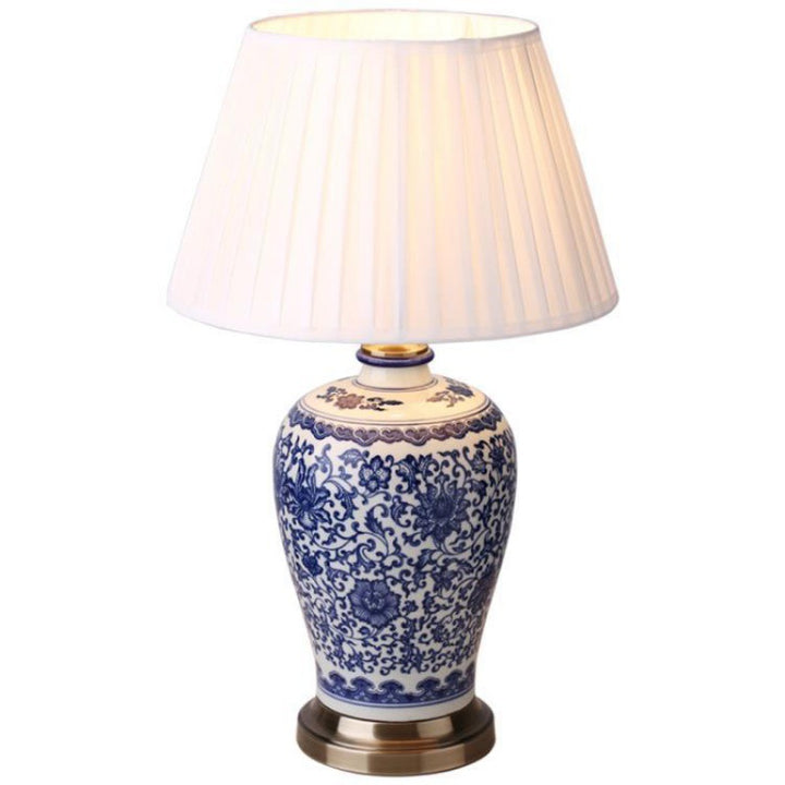 Traditional Chinese Ceramic Fabric Electroplated Antique Brass Finish Vase Cone 1-Light Table Lamp For Home Office