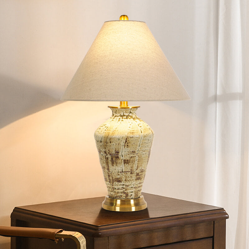 Traditional Chinese Vintage Ceramic Jar Base Cone Fabric 1-Light Table Lamp For Bedroom