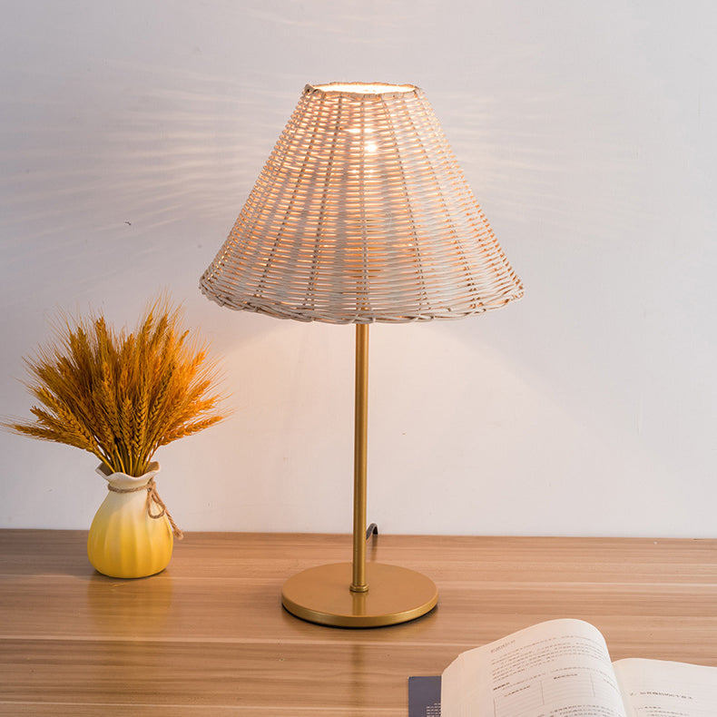 Contemporary Boho Round Trapezoidal Cylinder Base Rattan Metal 1-Light Table Lamp For Bedroom