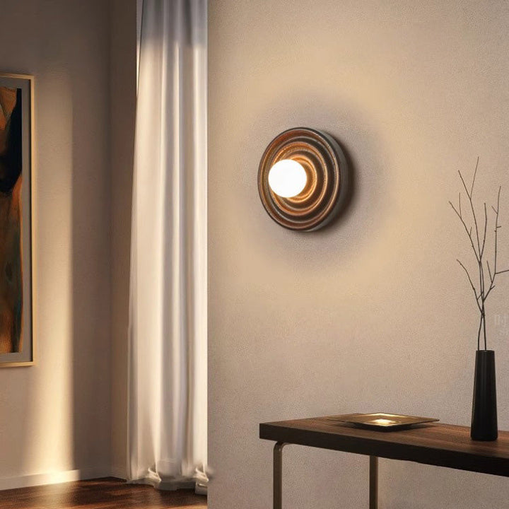 Traditionelle japanische Wabi-Sabi Holz Wachstumsring Glaskugel Schatten 1-Licht Wandleuchte Lampe für Schlafzimmer 
