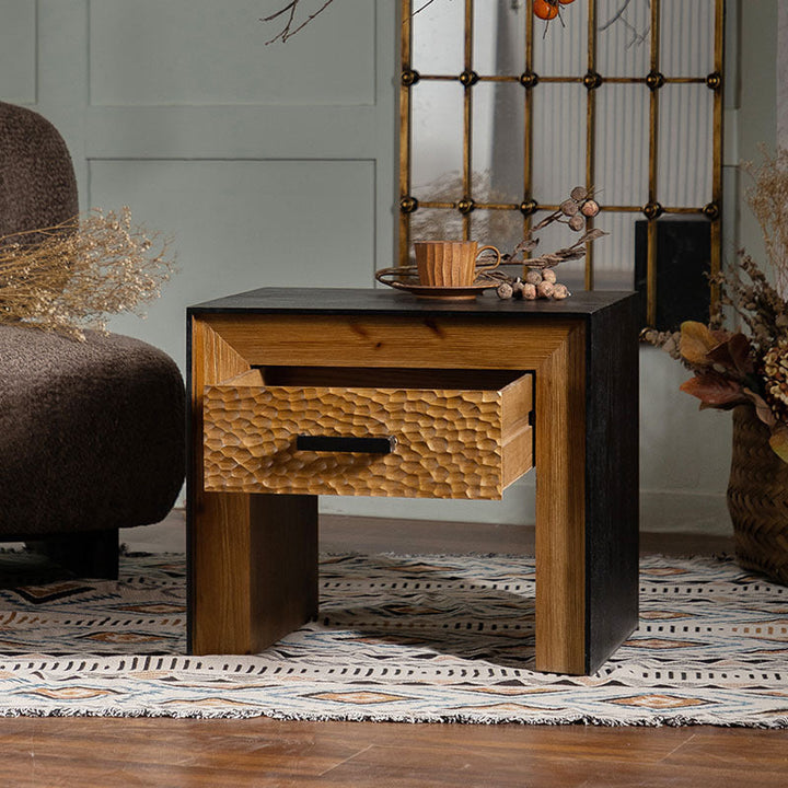 Traditional Vintage Square Frame Fir Wood MDF Veneer Side Table 1-Shelf For Living Room