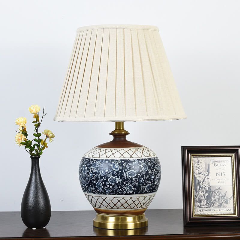 Traditional Chinese Round Ceramic Hardware Fabric Print Pleated Lampshade 1-Light Table Lamp For Bedroom