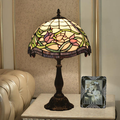 Vintage Tiffany Tulip Stained Glass Resin Dome 1-Light Table Lamp
