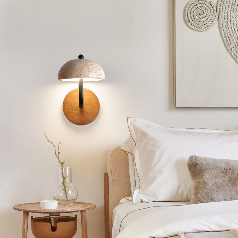 Traditionelle japanische halbrunde beige Travertin Holz LED Wandleuchte Lampe für Schlafzimmer 