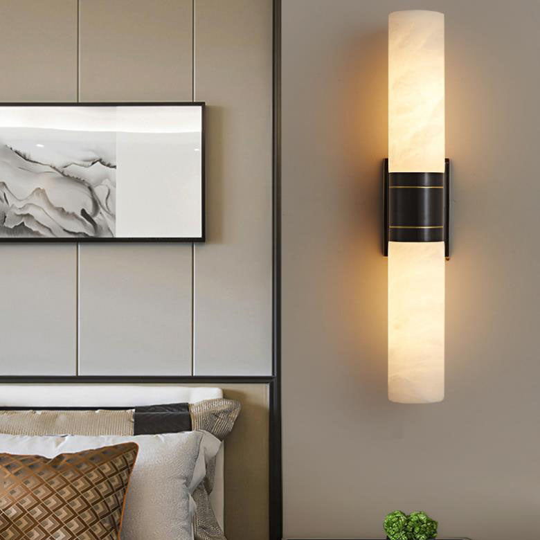 Moderne Mid-Century Marmor Säulen Kupfer 2-Licht Wandleuchte für Wohnzimmer 