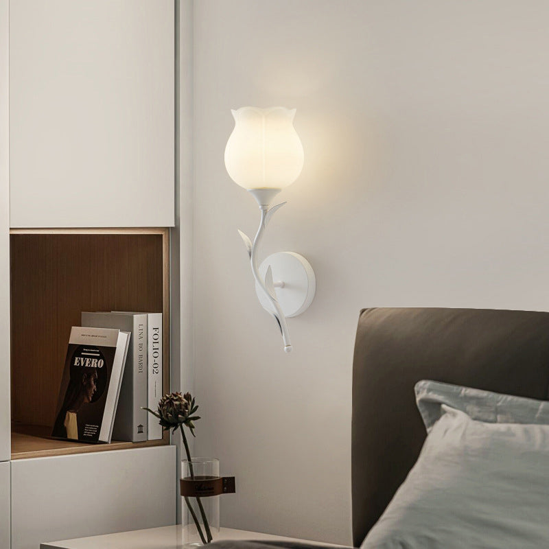 Applique Murale Moderne Minimaliste Crème Fleur Fer Verre 1/2 Lumière Pour Chambre 