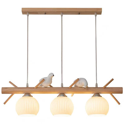 Lámpara de araña de 3 luces con pantalla redonda de vidrio y tiras de madera tradicional japonesa para sala de estar 
