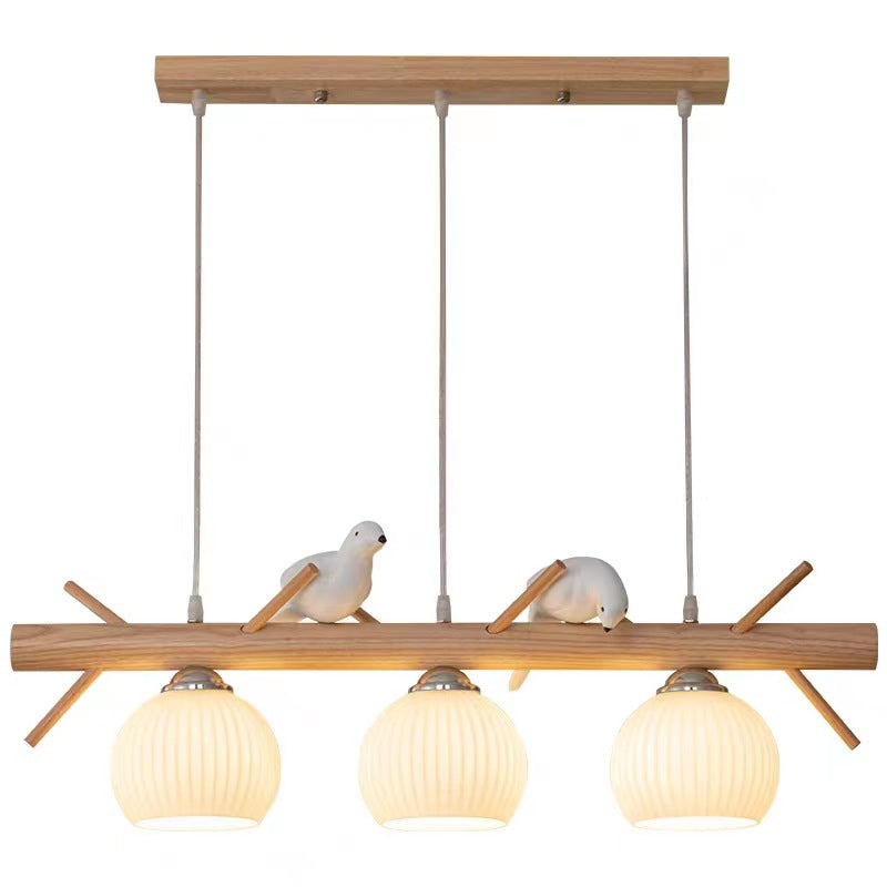 Lámpara de araña de 3 luces con pantalla redonda de vidrio y tiras de madera tradicional japonesa para sala de estar 