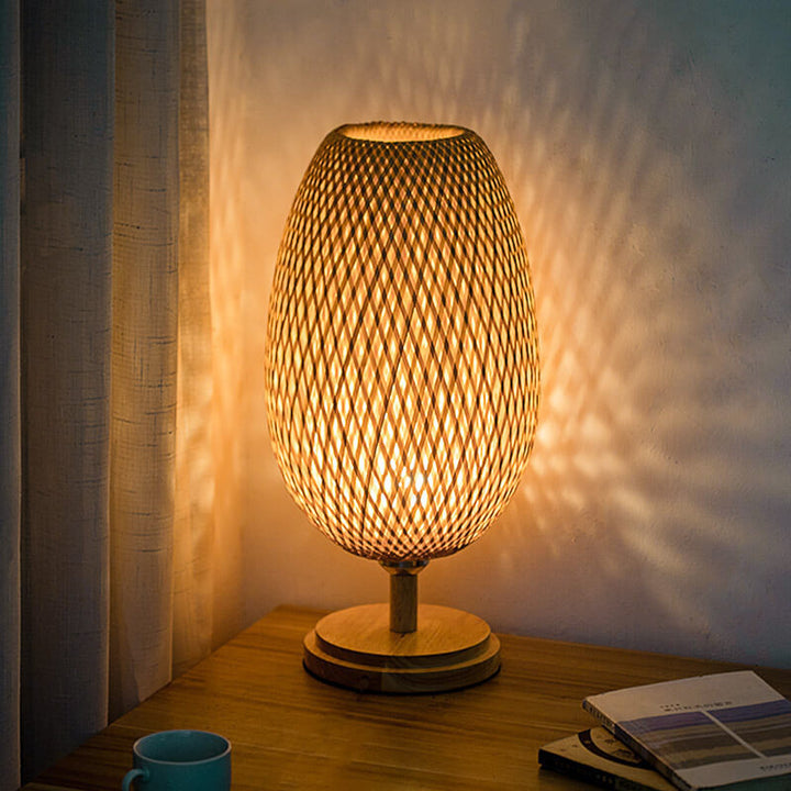 Traditional Chinese Moso Bamboo Wood Iron Weaving Oval Round 1-Light Table Lamp For Bedroom