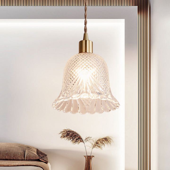 Zeitgenössische Luxus Messing Blume Glas Schatten 1-Licht Pendelleuchte für Wohnzimmer 