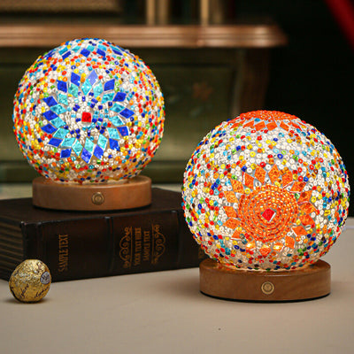 Zeitgenössische Boho Orb Holz Glas USB LED Tischlampe für Schlafzimmer 