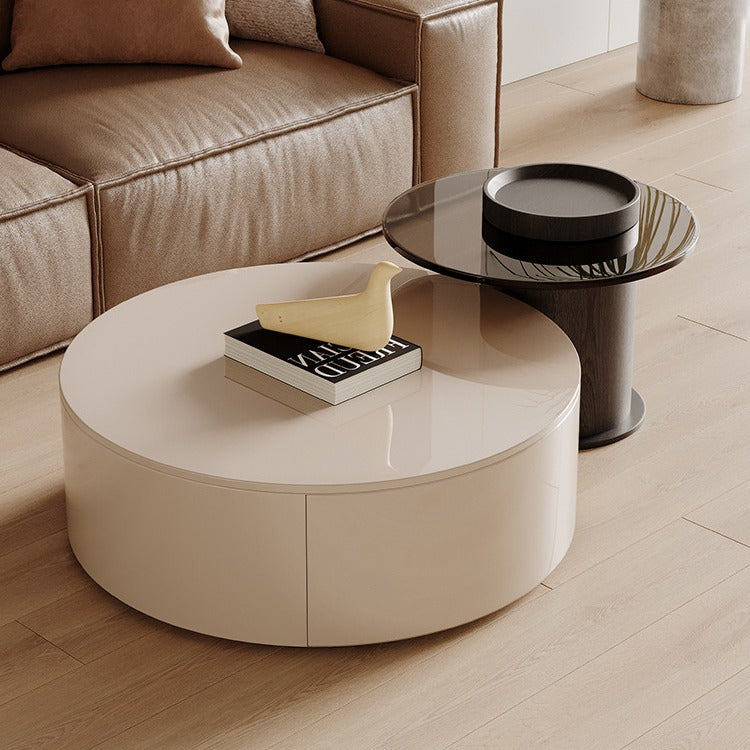 Modern Minimalist Round Plywood Metal Glass Coffee Table Set 2-Drawer For Living Room