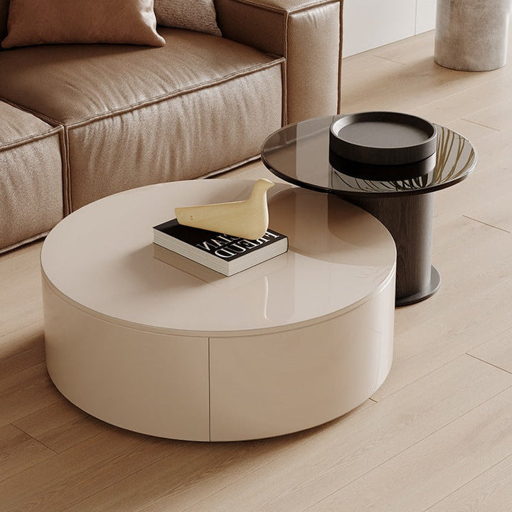 Modern Minimalist Round Plywood Metal Glass Coffee Table Set 2-Drawer For Living Room