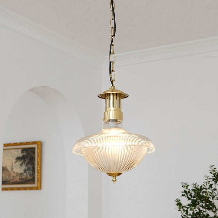 Zeitgenössische Retro gerippte Eisenglas 1-Licht Pendelleuchte für Wohnzimmer 