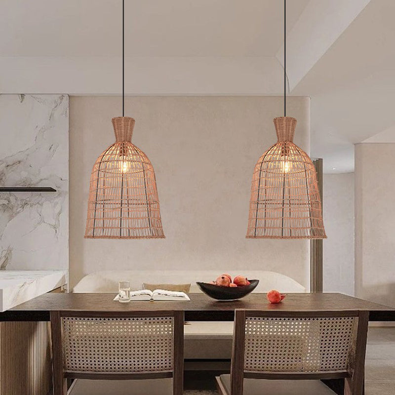 Suspension Luminaire à 1 Lumière avec Abat-Jour en Rotin à Maille Ronde Traditionnelle Japonaise pour Salon 