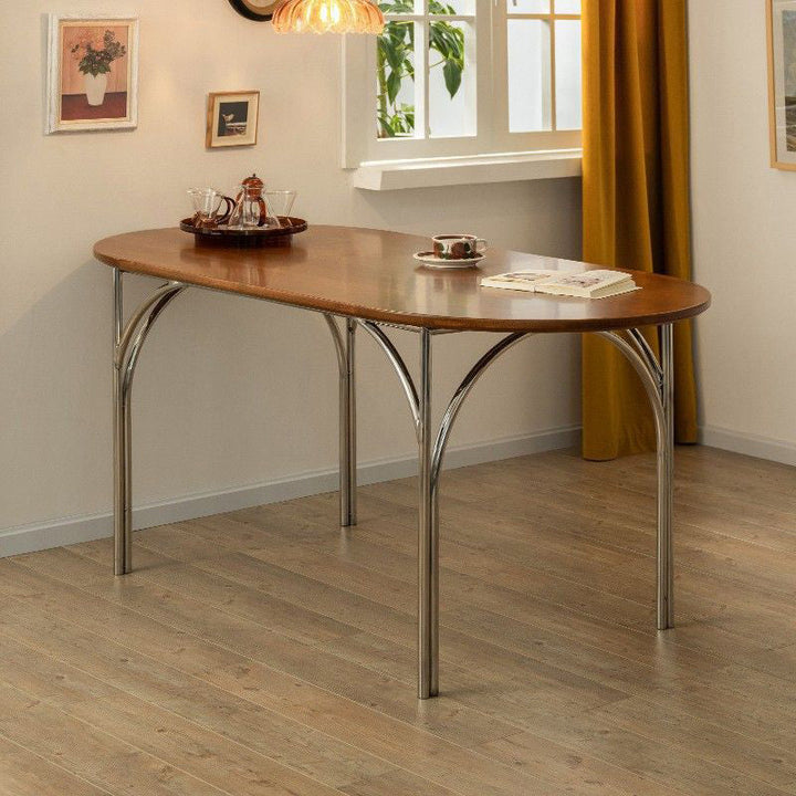 Table à manger elliptique vintage traditionnelle en bois de frêne de pin et acier inoxydable pour 4 places 