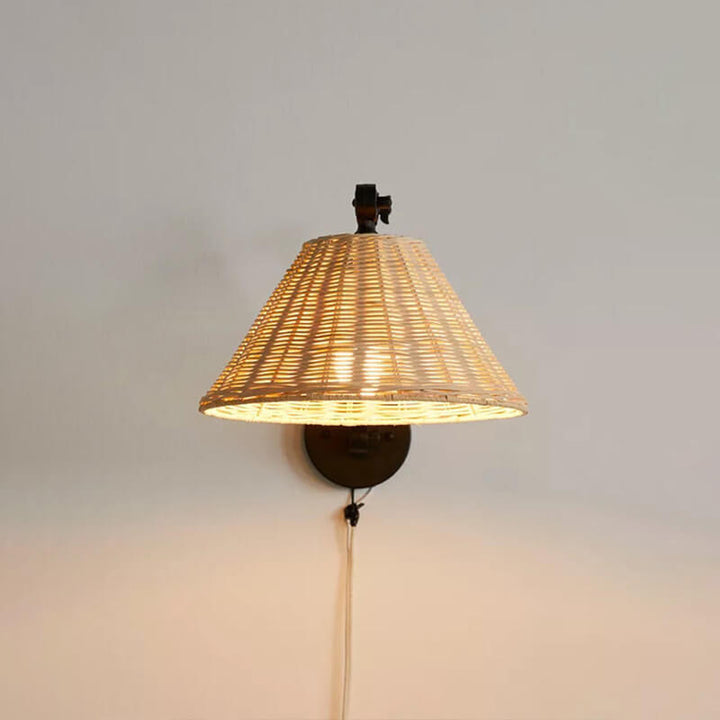 Traditional Rustic Rattan Cone Shade Iron Swing Arm 1-Light Wall Sconce Lamp For Living Room