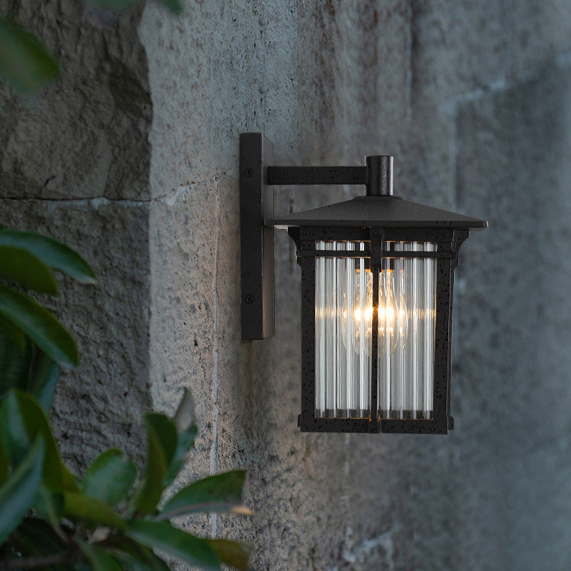 Contemporary Industrial Aluminum Rectangular Frame Ribbed Glass Shade 1-Light Wall Sconce Lamp For Outdoor Patio