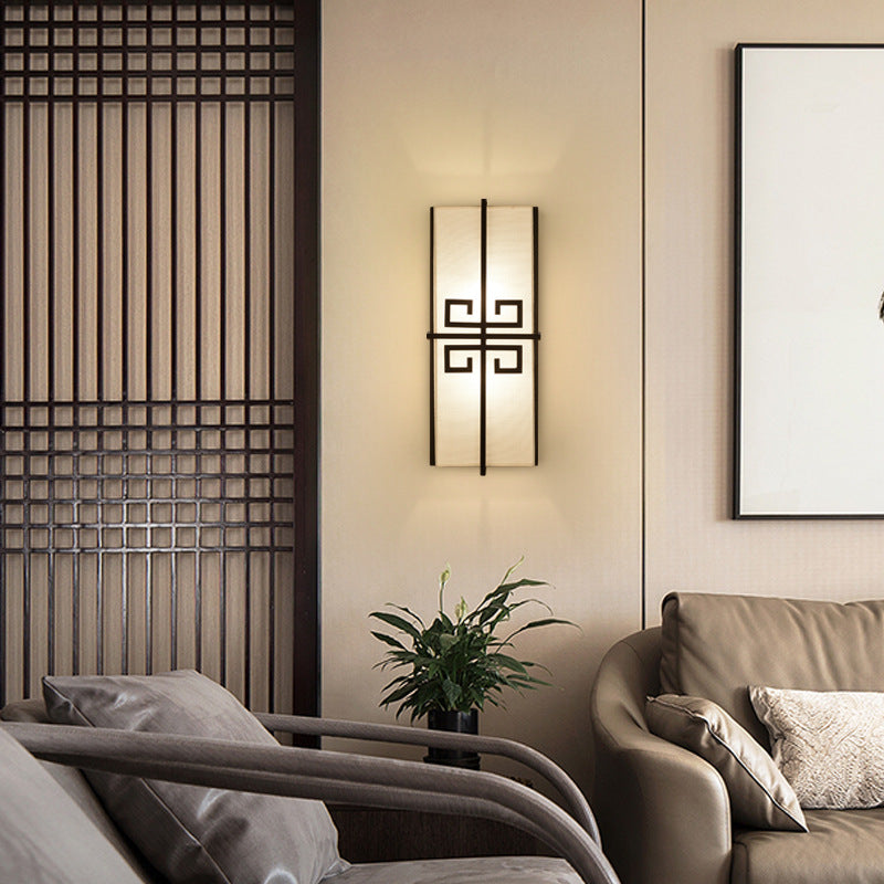 Lámpara de Aplique de Pared de 2 Luces de Tela de Hierro Rectangular Tradicional China para Sala de Estar 