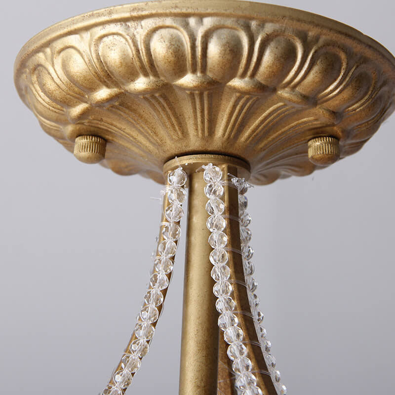 Traditional French Crystal Bead Strings Bowl Gold Iron 5-Light Semi-Flush Mount Ceiling Light For Living Room