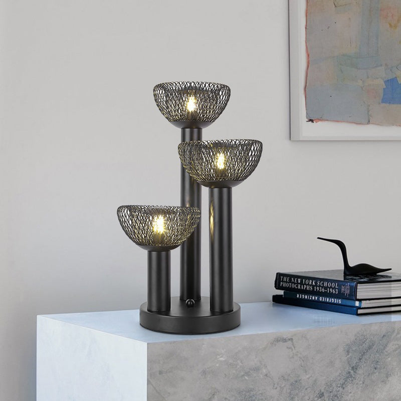 Modern Eclectic Iron Mesh Geometric Semi-Circular Hardware Base 3-Light Table Lamp For Home Office