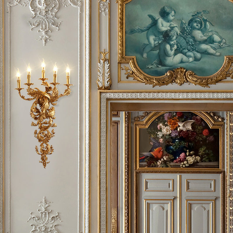 Traditionelle französische Vollkupfer geschnitzte Lampe Arm Palace Kandelaber 5-Licht Wandleuchte Lampe für Wohnzimmer 
