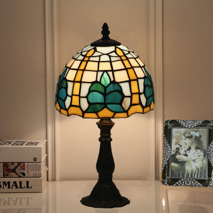 Tiffany Retro Mediterrane Blätter Buntglas 1-Licht Tischlampe 