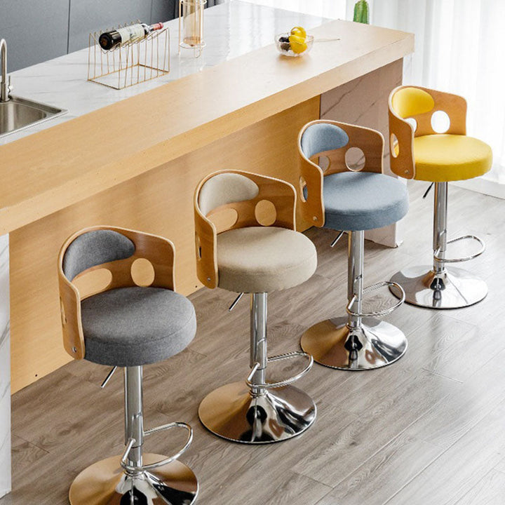 Contemporary Scandinavian Faux Leather Cotton-linen Bentwood Board Iron Round Bar Stool Backrest Footrest For Kitchen