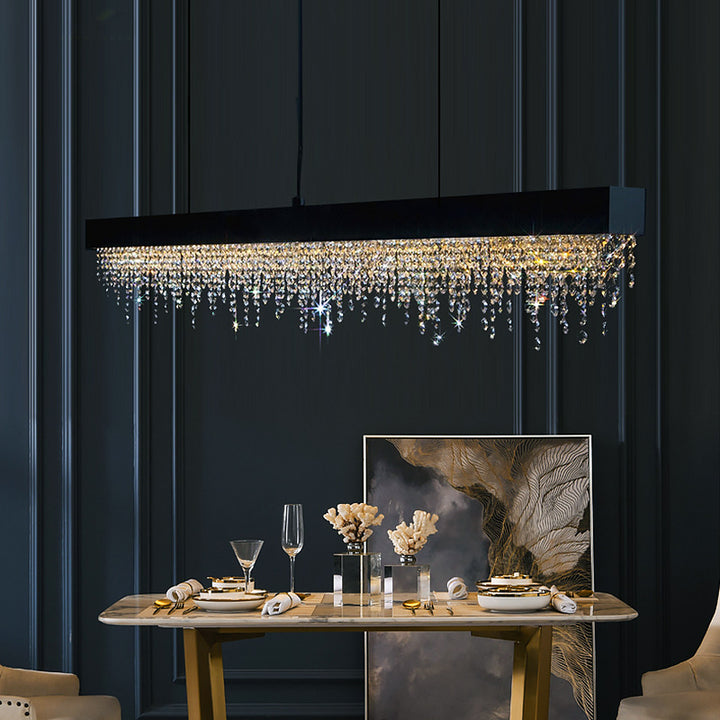 Lustre LED rectangulaire en acier inoxydable avec cristaux de luxe contemporain pour salle à manger 