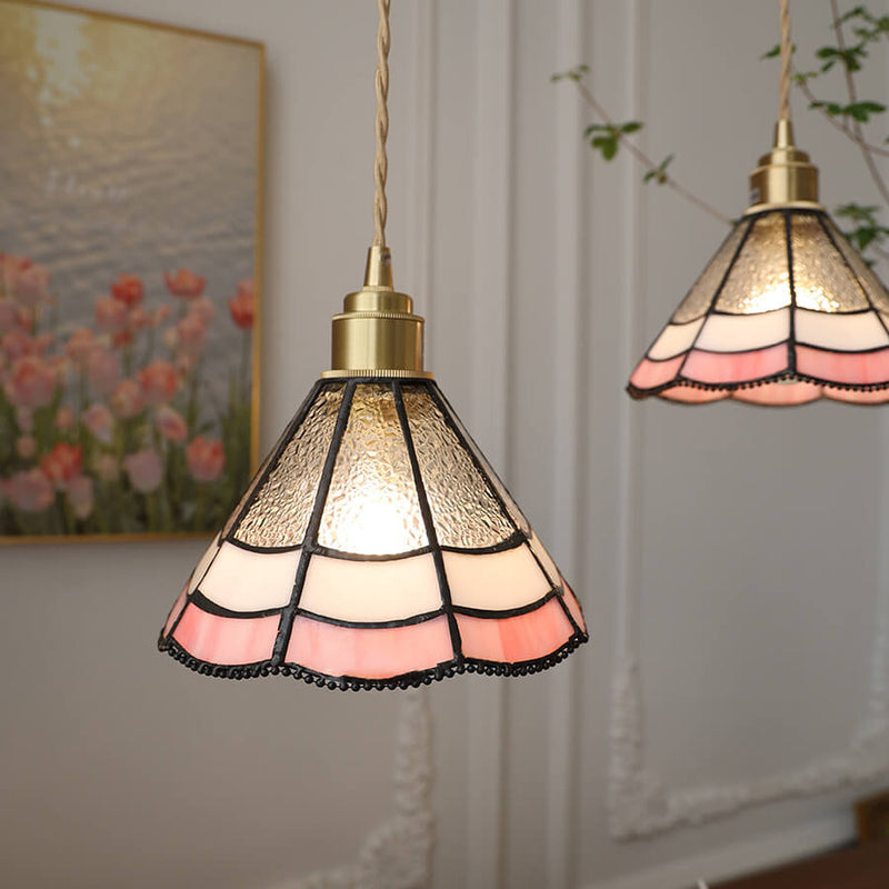 Nostalgic Pastoral Brass Pink Lace Water-Grain Glass 1-Light Pendant Light