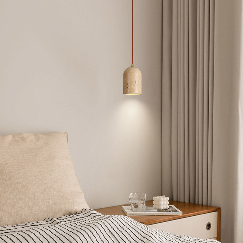 Luz colgante contemporánea escandinava cilíndrica media esfera de travertino y roble de 1 luz para dormitorio 