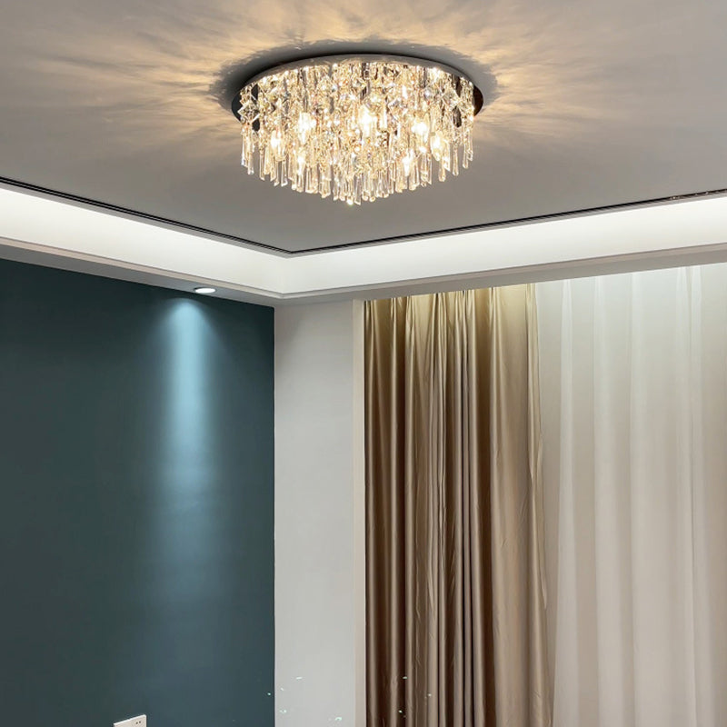 Luxe contemporain Éblouissant chaînes de cristal prismatiques Cadre rond en acier inoxydable Plafonnier encastré à 2/6/8 lumières pour salon 