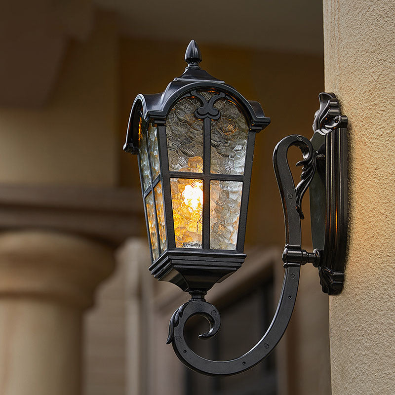 Cilindro de vidrio de aluminio impermeable tradicional europeo con ondas para lámpara de pared de 1 luz para patio exterior 
