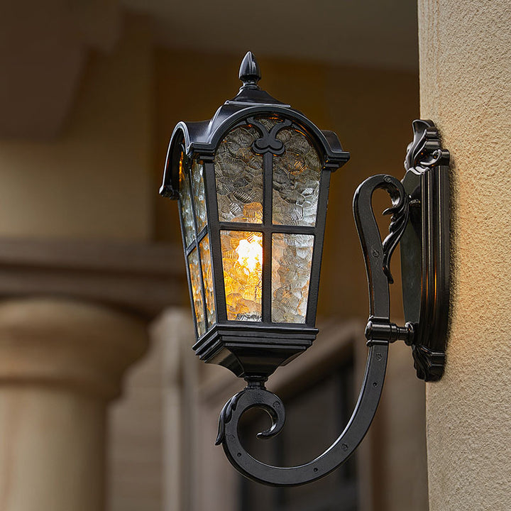 Cilindro de vidrio de aluminio impermeable tradicional europeo con ondas para lámpara de pared de 1 luz para patio exterior 
