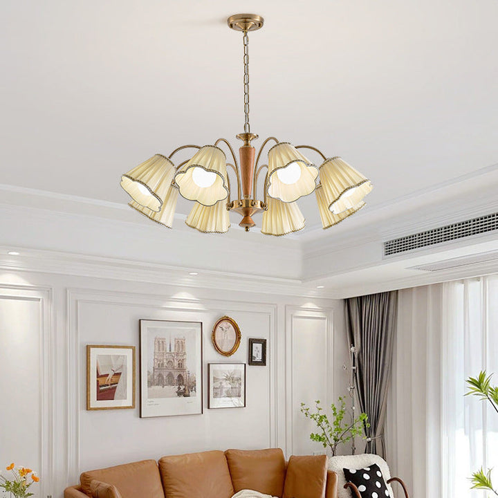 Traditioneller französischer Zweig-Blumenstoff-Kronleuchter aus Gummibaumholz und Eisen mit 3/6/8 Lichtern für Schlafzimmer 