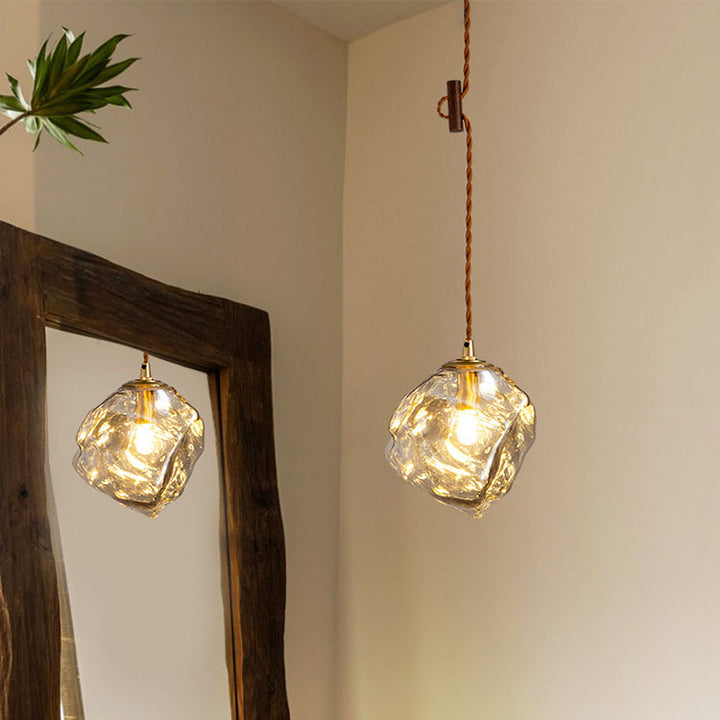 Traditional Vintage Irregular Ice Cube Shape Glass Aluminum Wood 1-Light Pendant Light For Living Room
