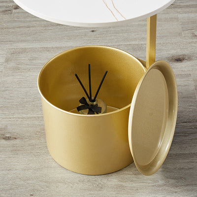 Table d'appoint moderne minimaliste ronde en fer avec plateau en pierre - 1 rangement pour salon 