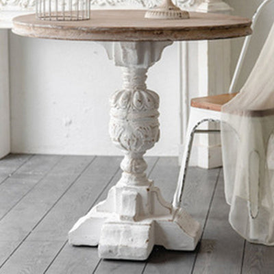 Traditional Vintage Round Column Carved Cedar MDF Magnesium Oxide Coffee Table For Living Room