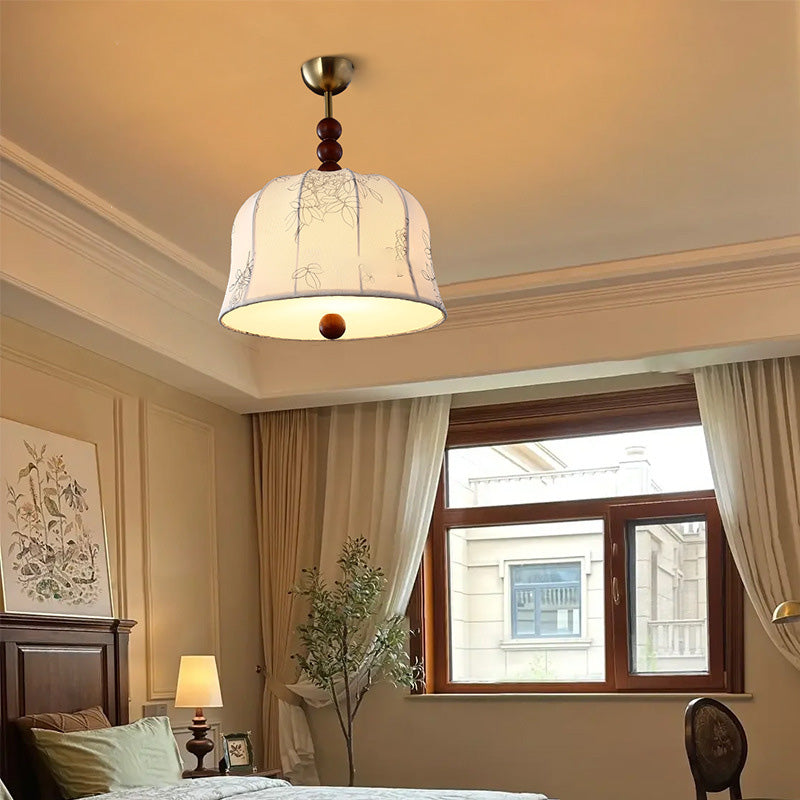 Lámpara colgante de 1 luz de tela floral redonda romántica francesa tradicional de madera y metal para dormitorio 