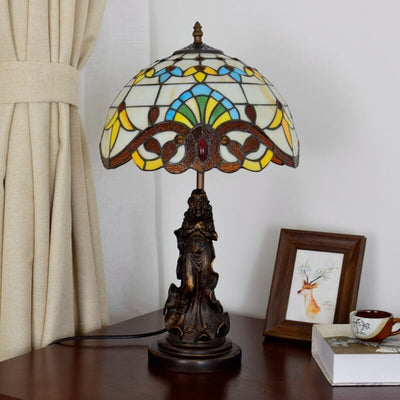 Vintage Tiffany Lotus Stained Glass Dome 1-Light Table Lamp