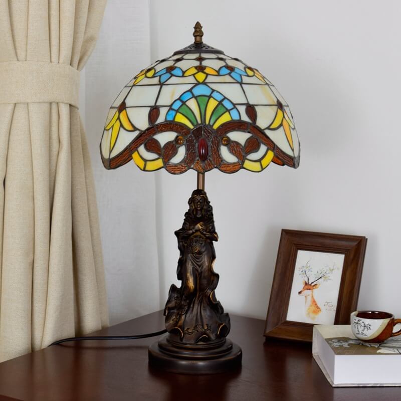 Vintage Tiffany Lotus Stained Glass Dome 1-Light Table Lamp