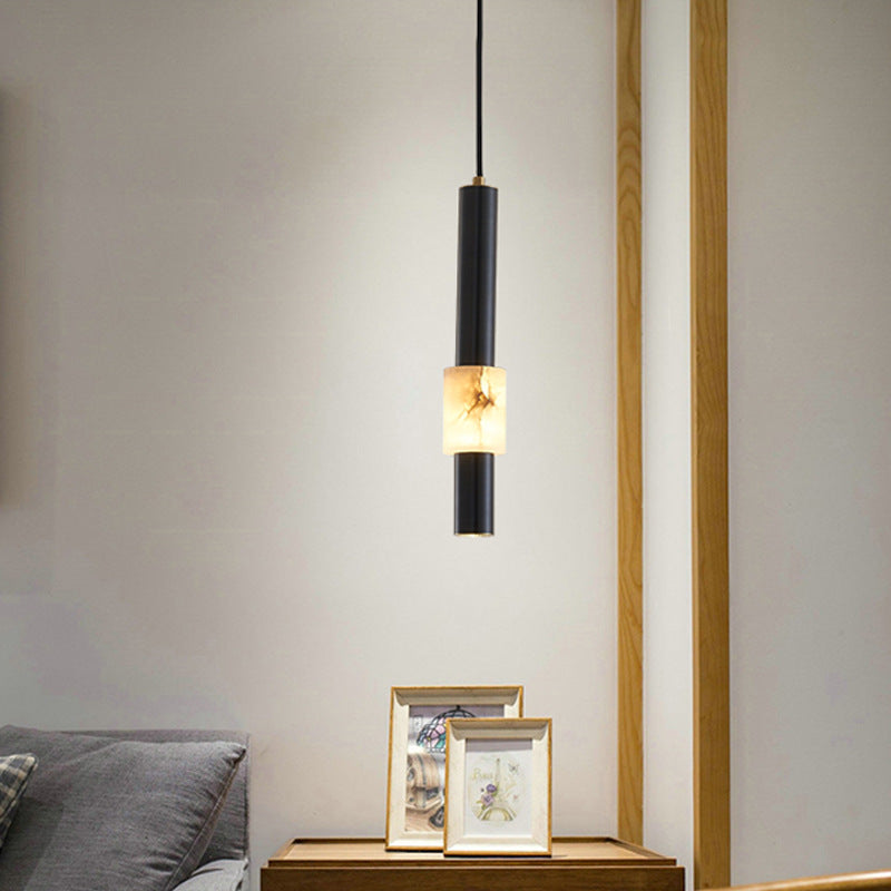 Lustre LED contemporain de luxe en cuivre à bande longue avec abat-jour en marbre pour salon 