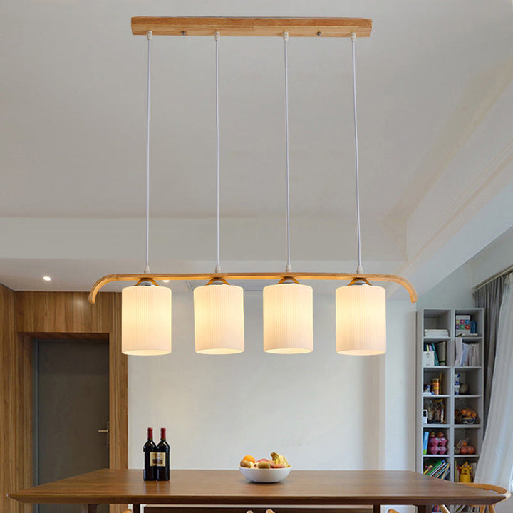 Zeitgenössischer skandinavischer langer Zylinder aus Glas und Holz mit 4 Lichtern, Inselleuchter für Wohnzimmer 