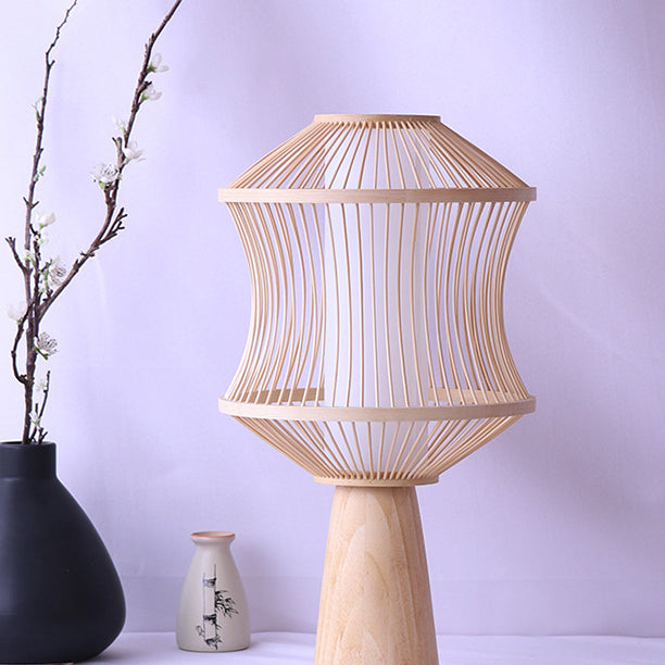 Traditional Japanese Nan Bamboo Solid Wood Geometric Cage Column 1-Light Table Lamp For Living Room &amp; Bedroom