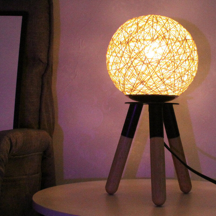 Contemporary Nordic Faux Rattan Ball Wood Metal Tripod 1-Light Table Lamp For Bedroom