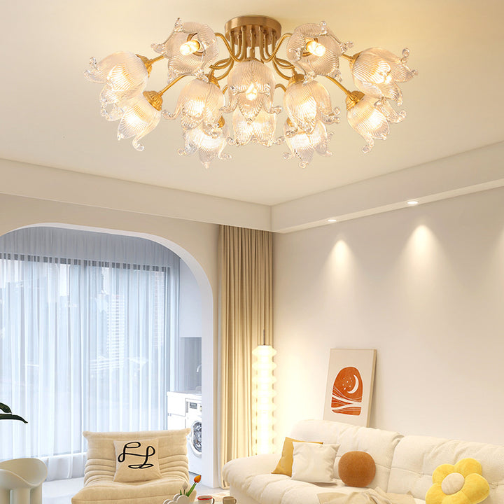 Traditionelle europäische Kupferglasblume 5/12/15 Licht Halbbündige Deckenleuchte für Wohnzimmer 