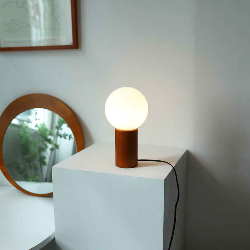 Lampe de table moderne minimaliste en verre cylindre boule ronde en bois massif à 1 lumière pour chambre 