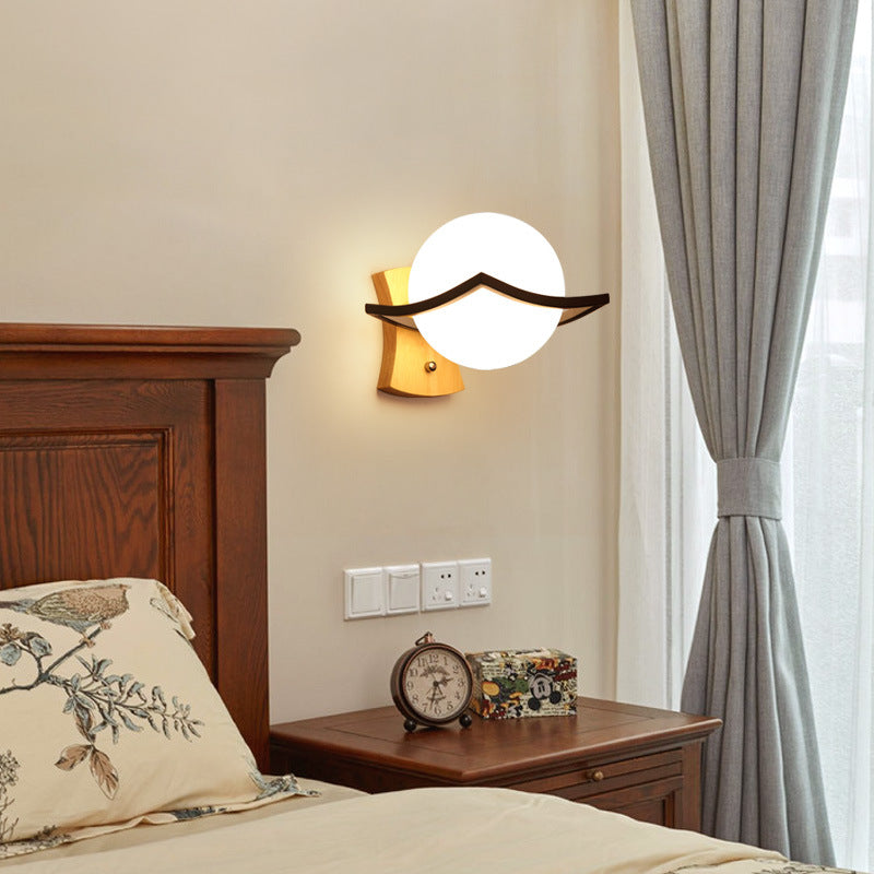 Lámpara de aplique de pared de 1 luz de vidrio y madera esférica minimalista moderna para dormitorio 