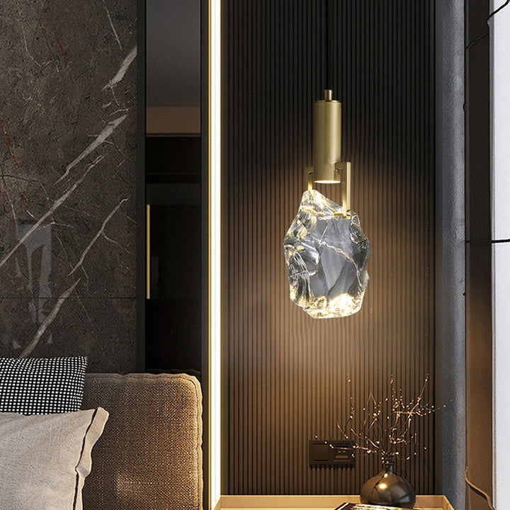 Lustre suspendu contemporain de luxe en cuivre avec cristal de pierre 1 lumière pour salon 